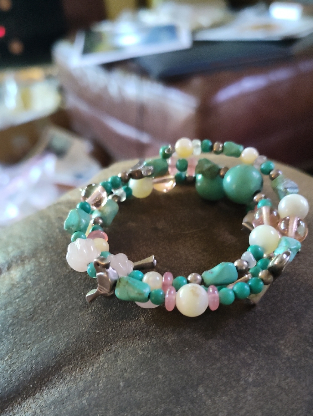 Carolyn Pollock Wrap Turquoise and Carved Rose Quartz Sterling Bird Fetishes